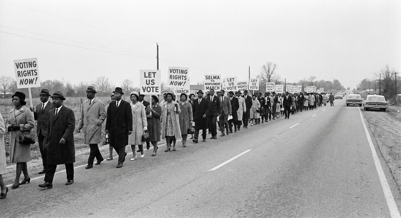 Civil rights marchers walking along an Alabama roadway in 1965 carrying signs as they advocate for voting rights, documentary news photography style