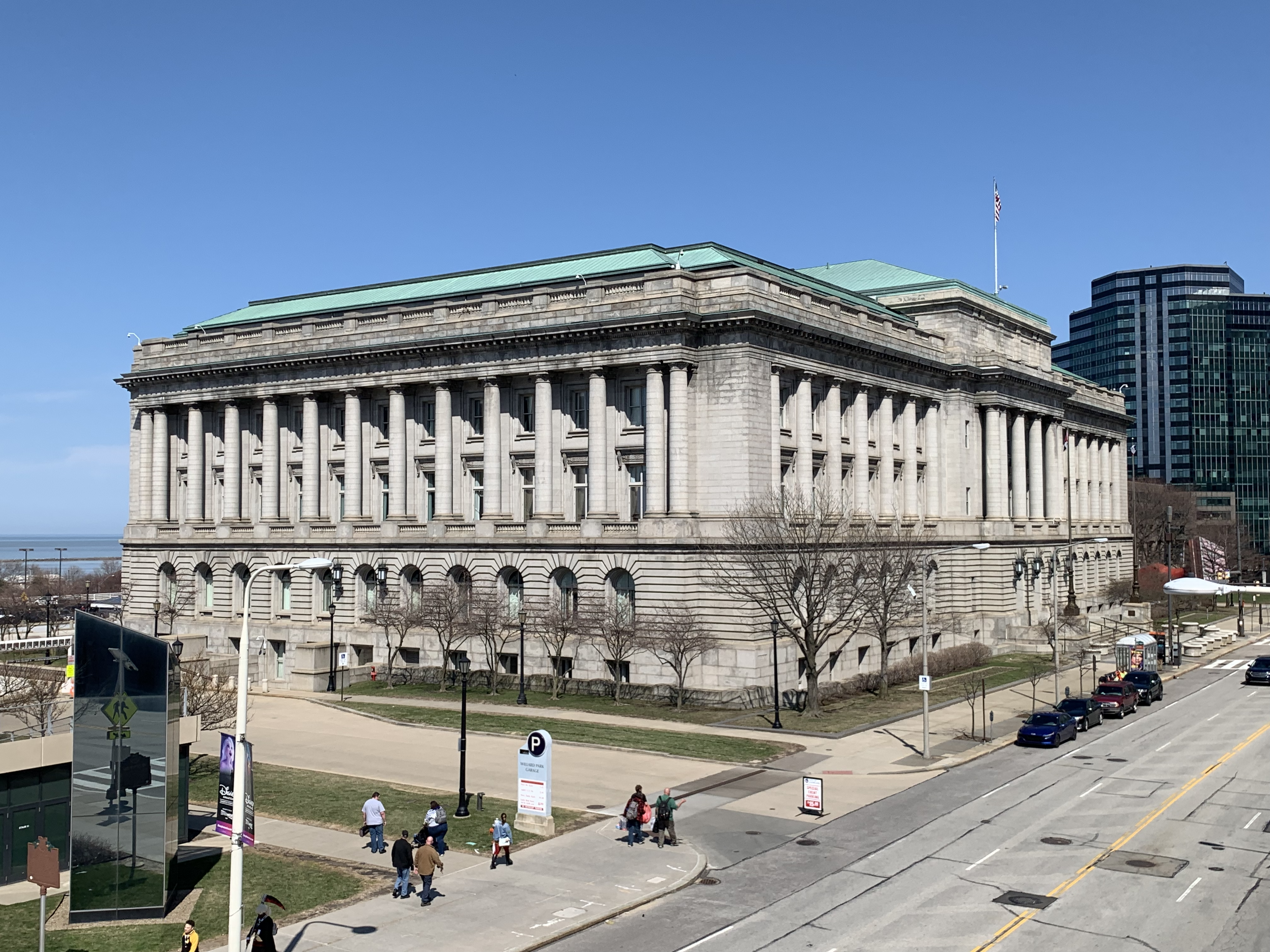 Cleveland City Hall photographed from street level in downtown Cleveland on a clear day, news photography style