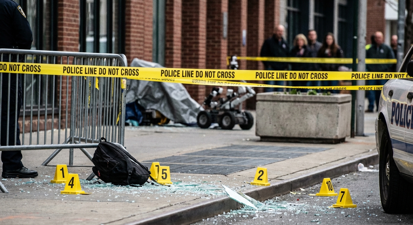 Close view of a suspicious device area on a city street with broken glass and police evidence markers near a barricade