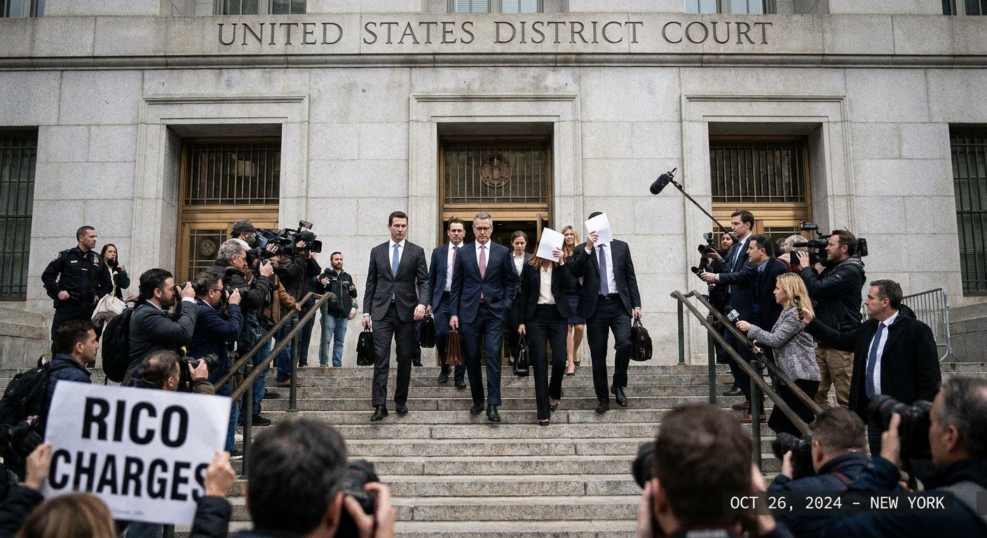 Defendants and attorneys walking up the steps of a federal courthouse in 2024 after a racketeering indictment, candid news photography style