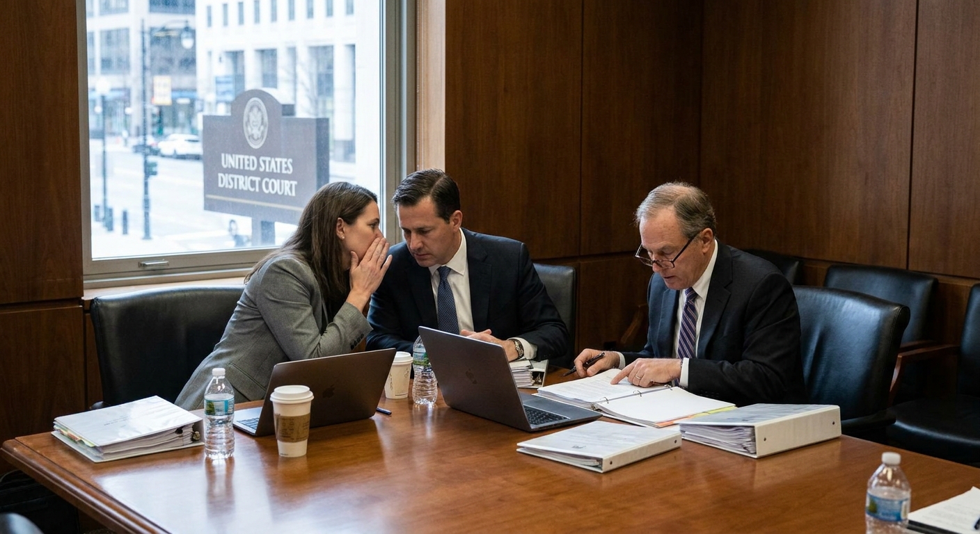 Defense attorneys seated at a conference table reviewing documents and speaking quietly before a federal court hearing, news photography style
