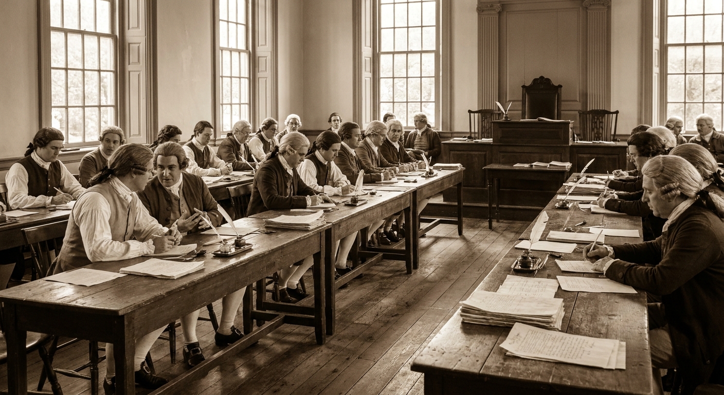 Delegates gathered inside Independence Hall in Philadelphia during the late 18th century, historical scene with wooden desks and papers, documentary photography style