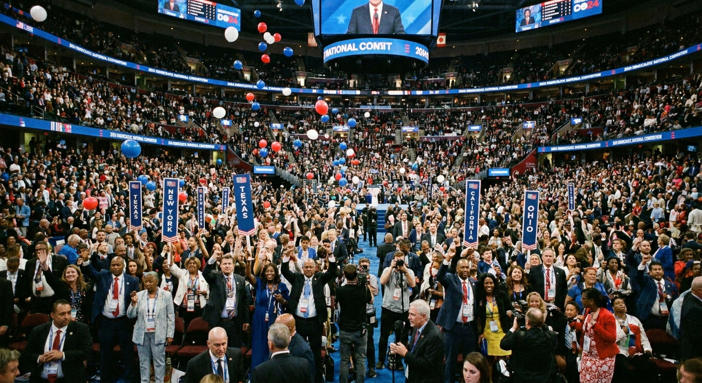 Delegates on the floor of a major U.S. political party national convention in a large arena, wearing credentials and holding state signs, news photography style