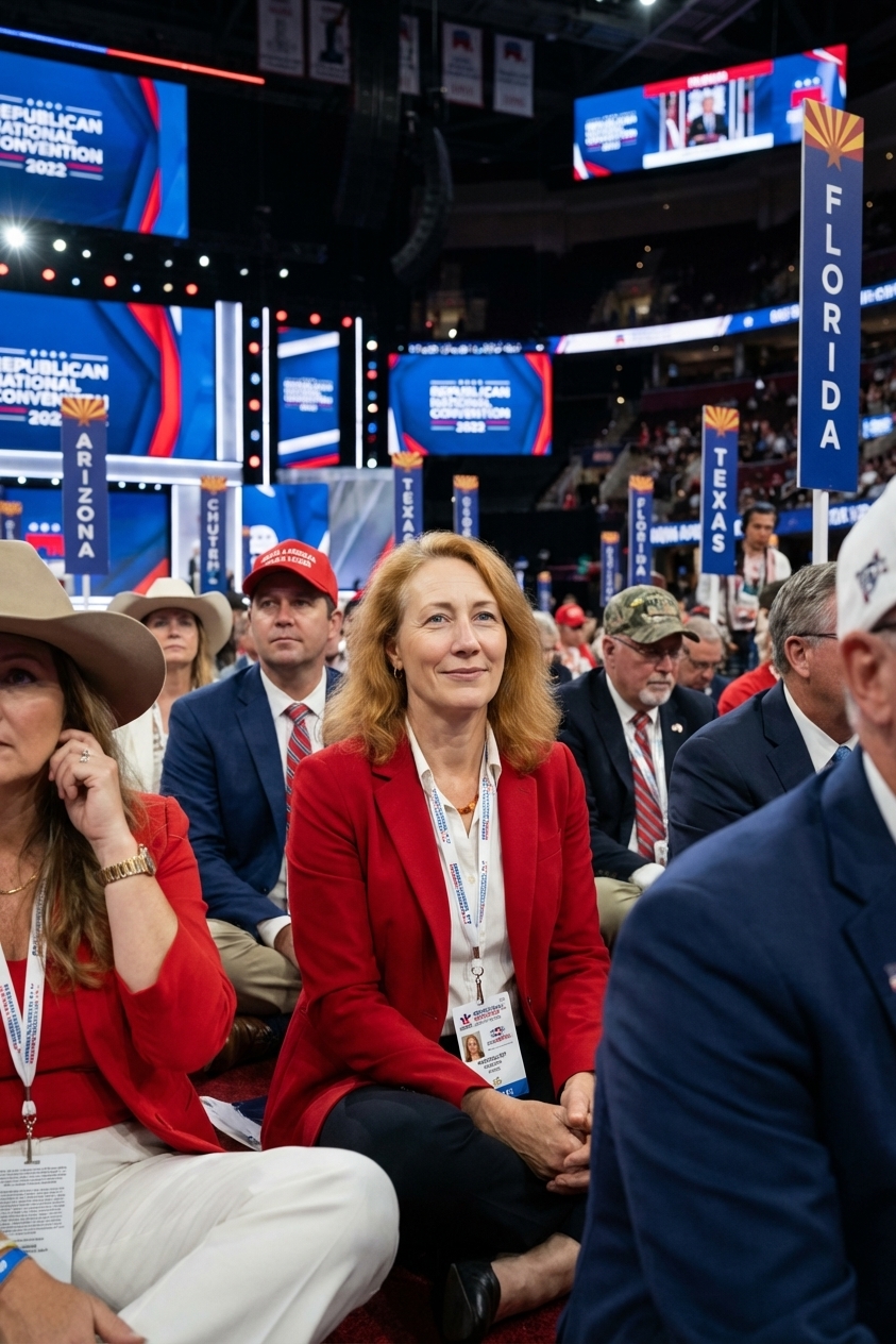 Delegates seated on the convention floor during a Republican National Convention session, with state placards visible in the background, news photography style
