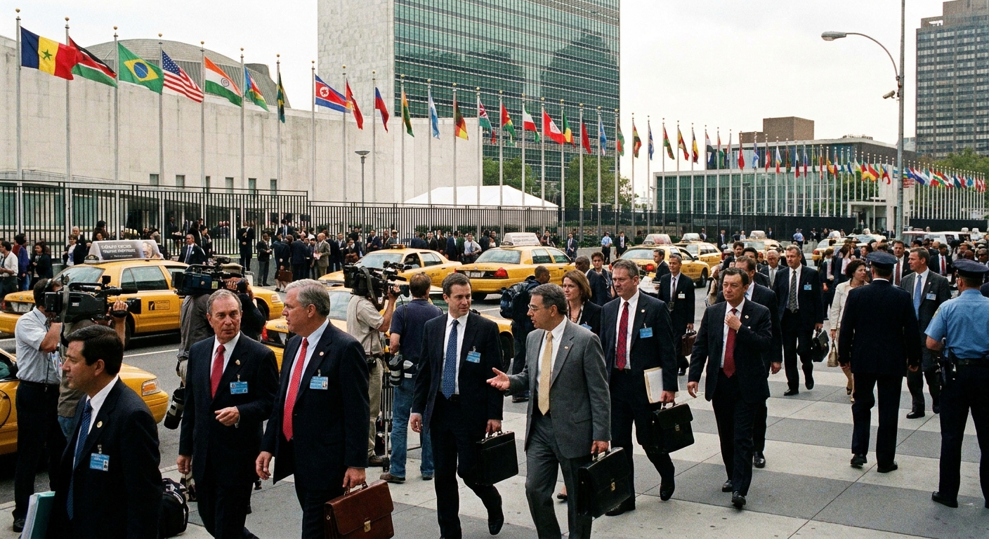 Delegates walking near the entrance of the United Nations Headquarters in New York City during a busy afternoon, news photography style