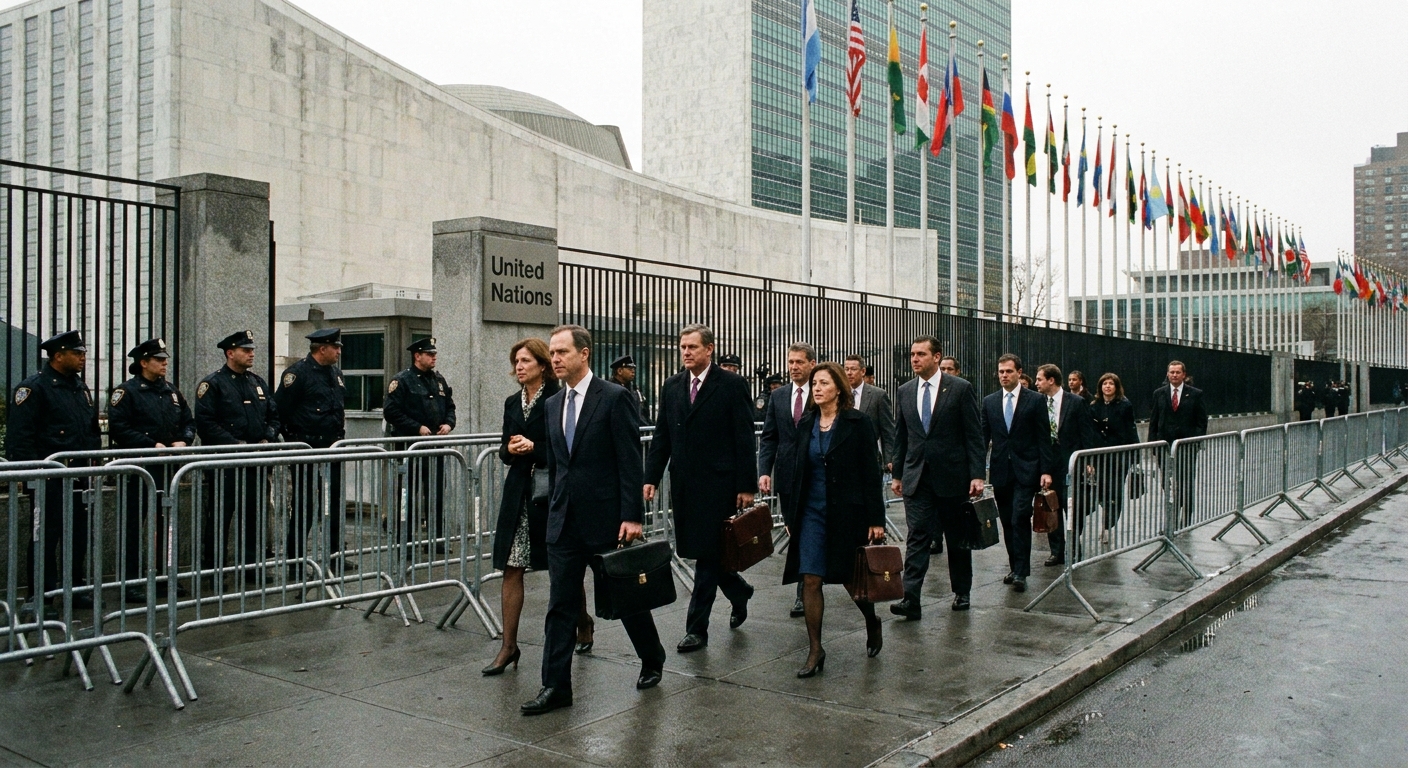 Diplomats in formal attire walking past security barriers outside the United Nations headquarters in New York City, real news photography style