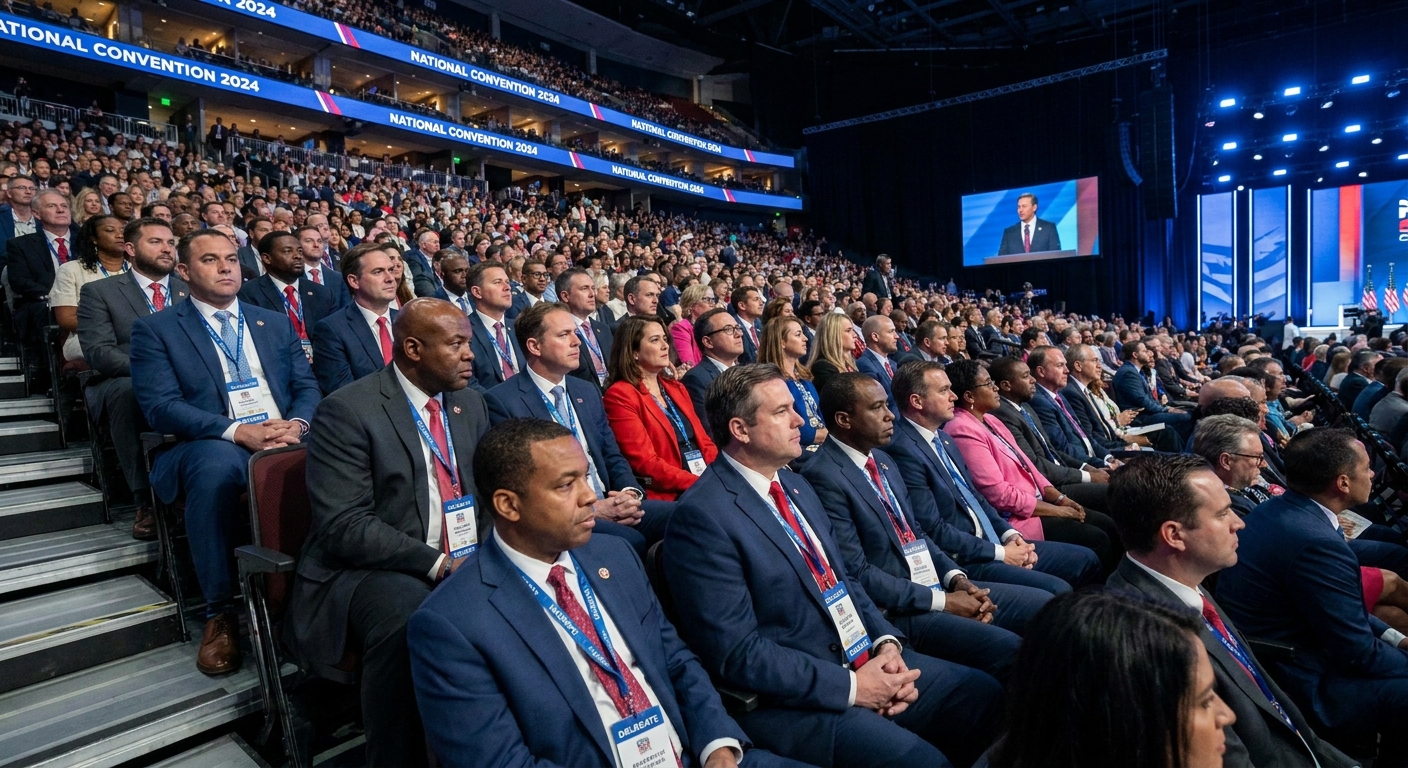 Elected officials and party leaders seated together in a convention arena section, wearing delegate credentials and watching proceedings, news photography style