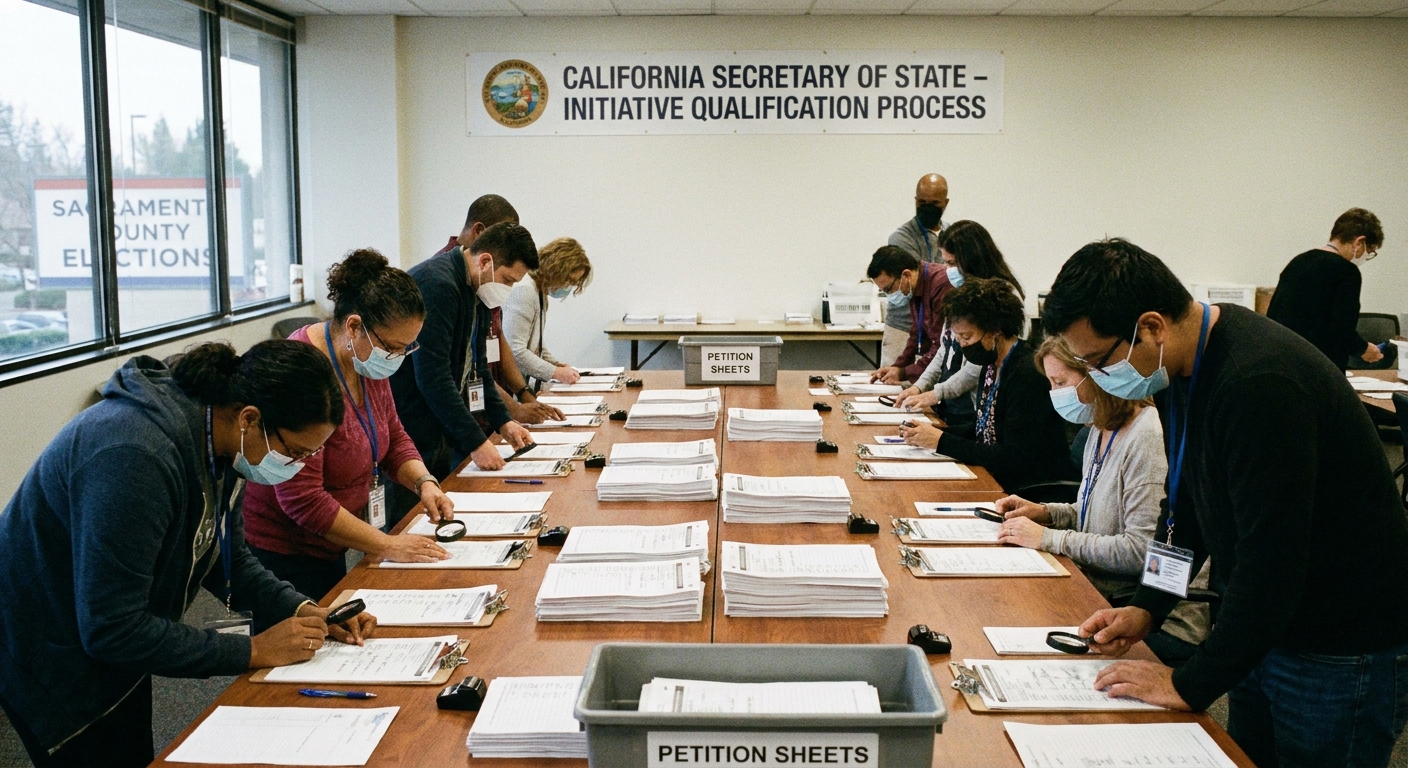 Election workers at a California state office in Sacramento reviewing petition sheets on a large table, counting and checking signatures during an initiative qualification process, news photography style