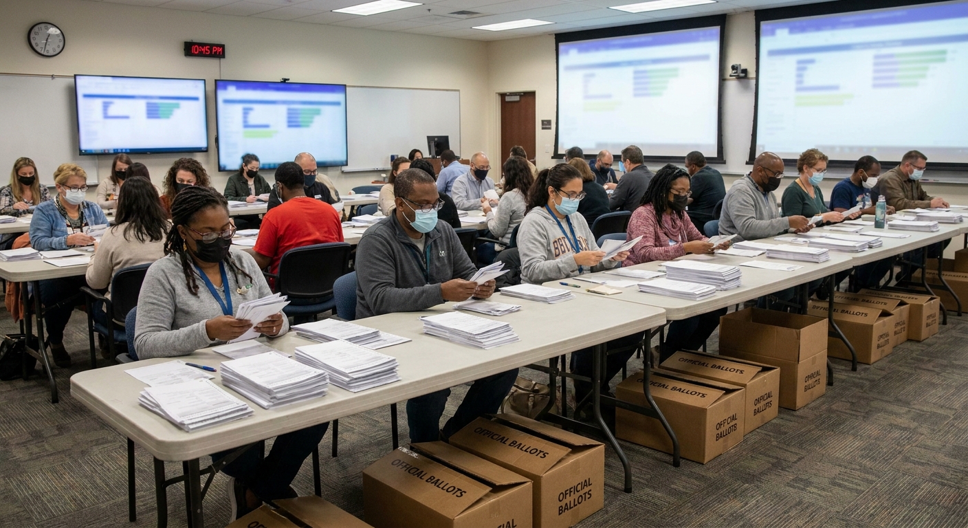 Election workers counting ballots at tables inside a county election office on election night in November 2022, documentary news photography style
