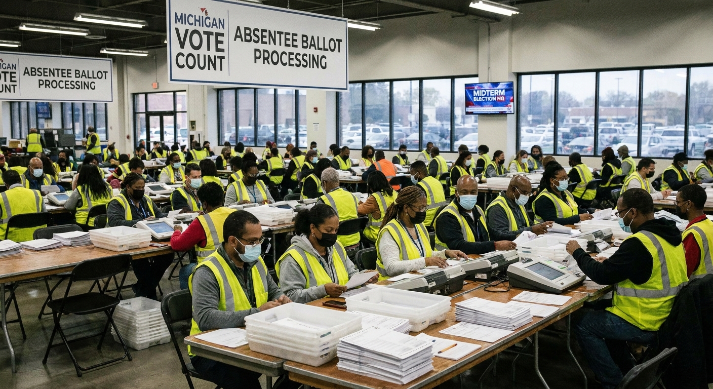Election workers counting ballots in a Michigan vote counting room during the November 2022 midterm election, documentary news photography style