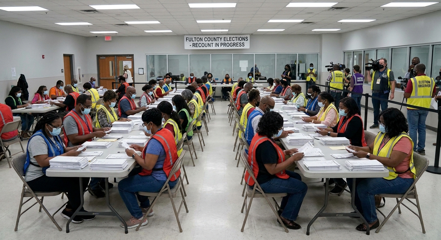 Election workers in Atlanta, Georgia, conducting a hand recount at long tables with stacks of paper ballots and observers at a distance, candid news photography style