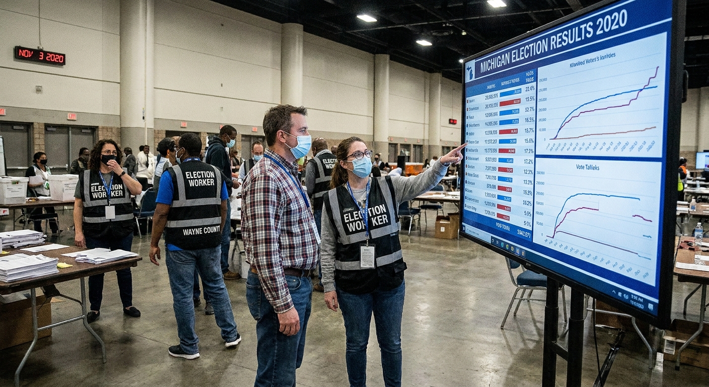 Election workers in Michigan standing near a large county results board on election night in November 2020, candid news photo