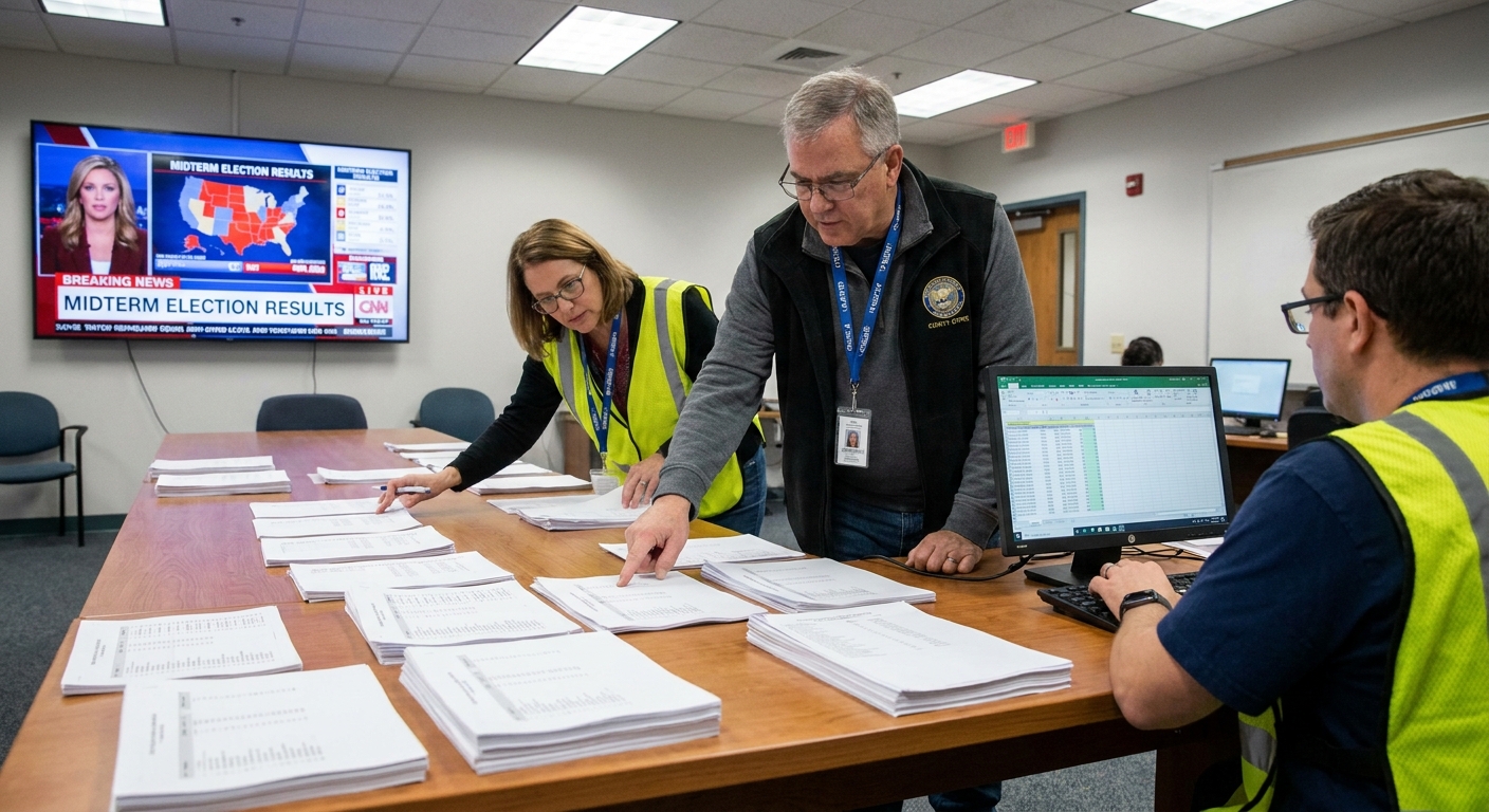 Election workers in a county office reviewing printed results on a table on U.S. midterm election night, documentary photo style