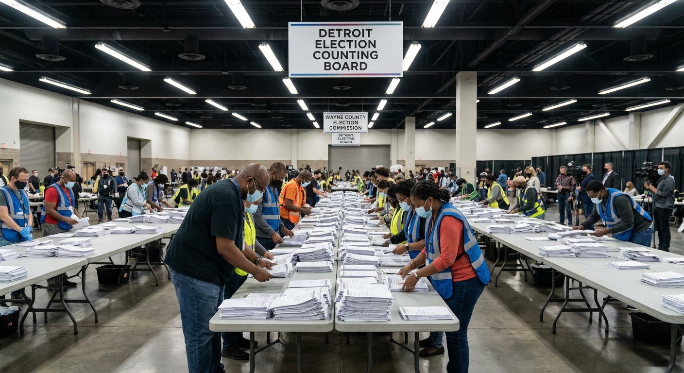 Election workers in a large indoor ballot counting room in Detroit, Michigan, handling stacks of paper ballots at long tables under bright lights, documentary news photography style