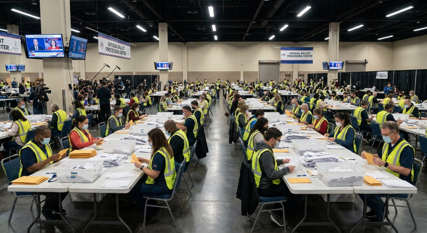Election workers opening ballots and sorting paperwork on long tables during U.S. midterm vote counting, indoor newsroom-style photography