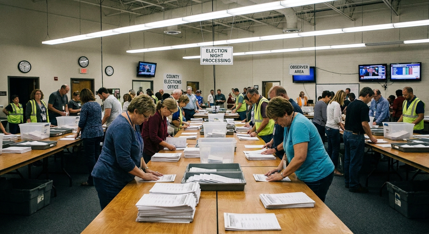 Election workers sorting and counting ballots on a long table inside a county elections office on election night in November 2018, documentary news photography style