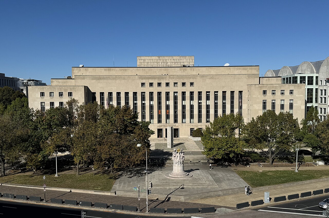 Exterior of a United States District Court building with signage visible, photographed as a real location photo in an editorial news style