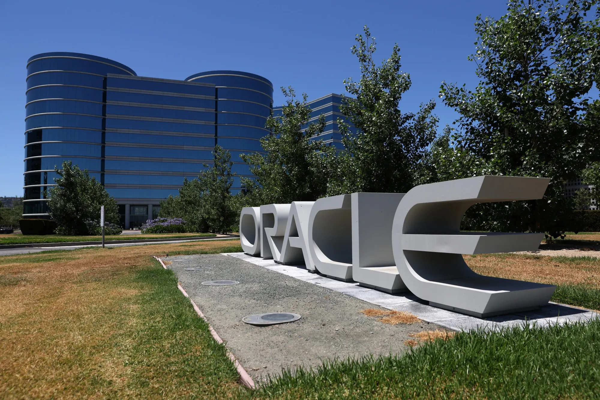 Exterior view of Oracle headquarters signage at Redwood Shores in California