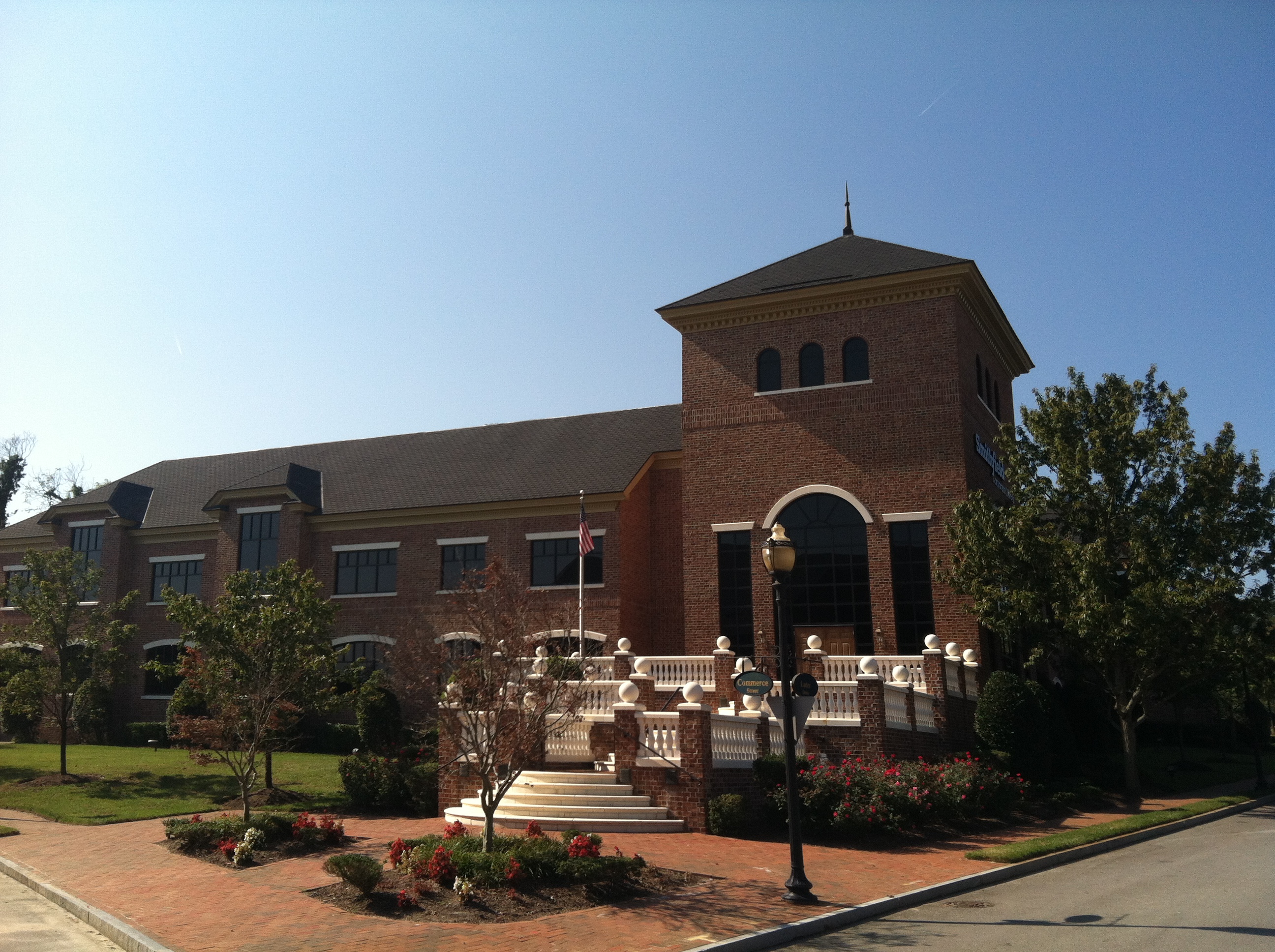 Exterior view of a Smithfield Foods corporate facility sign in Smithfield, Virginia, photographed in daylight