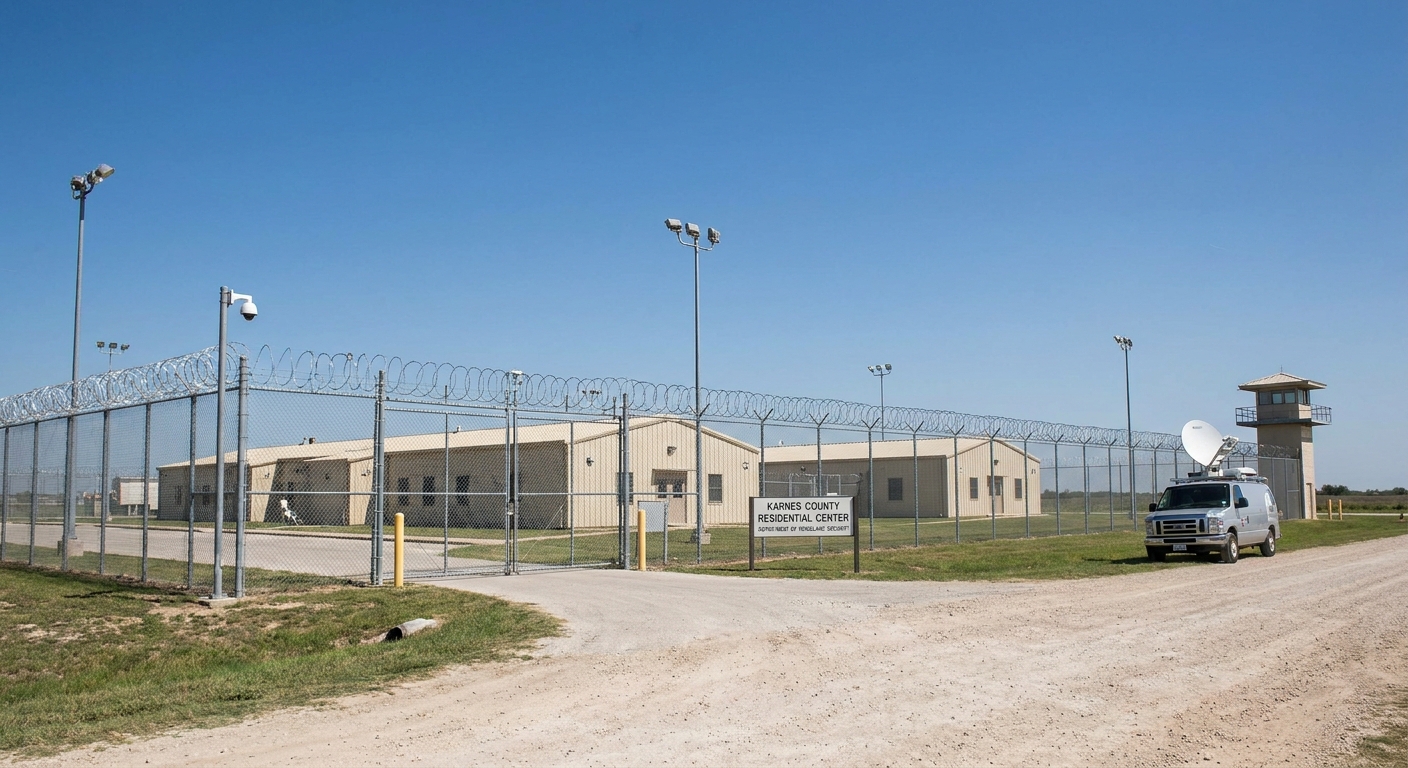 Exterior view of the Karnes immigration detention facility in South Texas on a clear day, with fencing and security features visible, news photography style