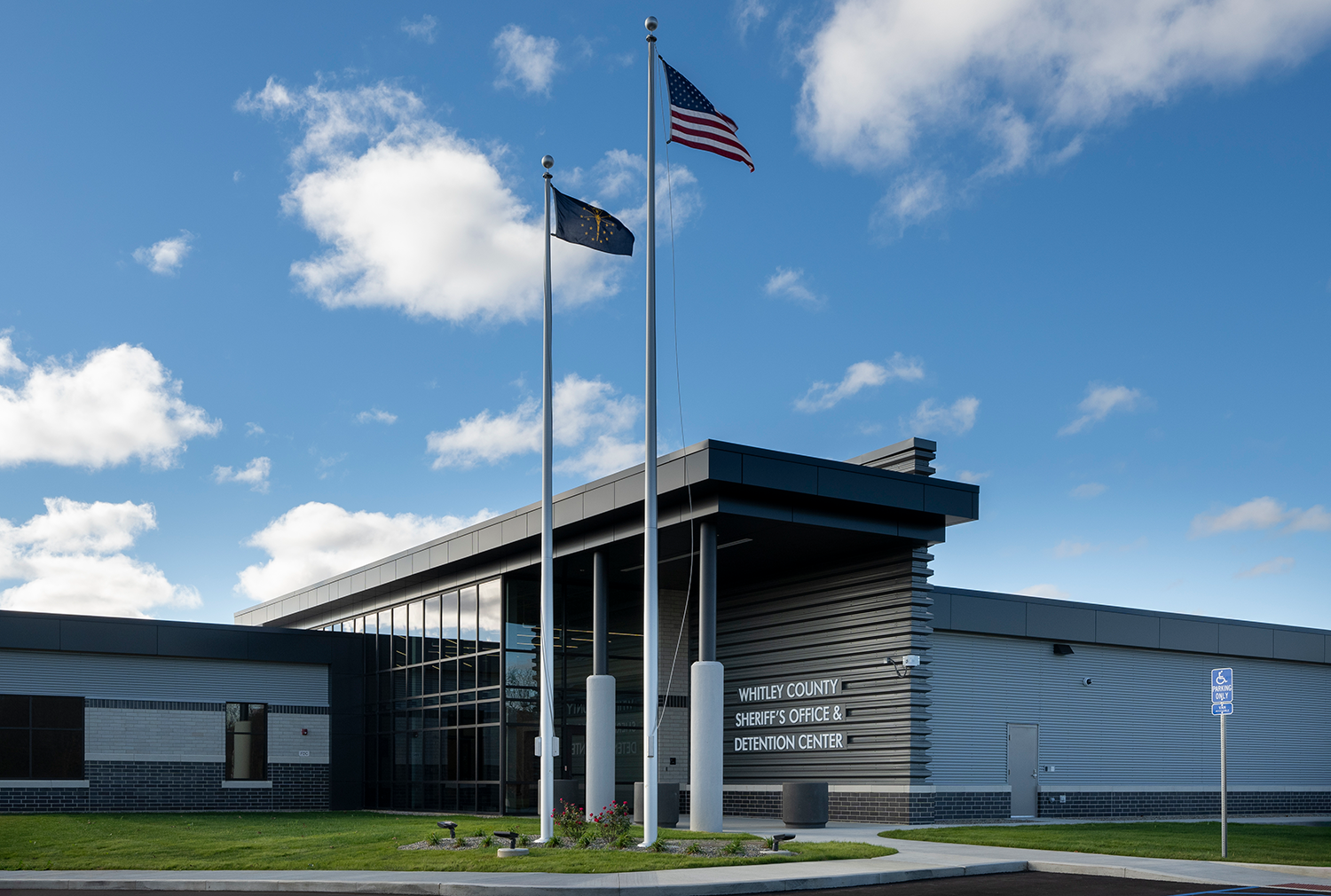 Exterior view of the Kenosha County Jail in Kenosha, Wisconsin, photographed from the street in daylight