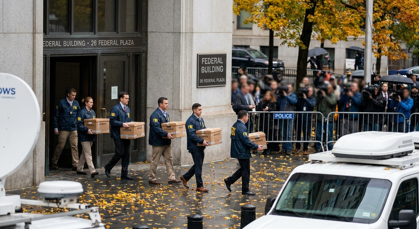 FBI agents carrying sealed evidence boxes into a federal government building on a city street in October, news photography style