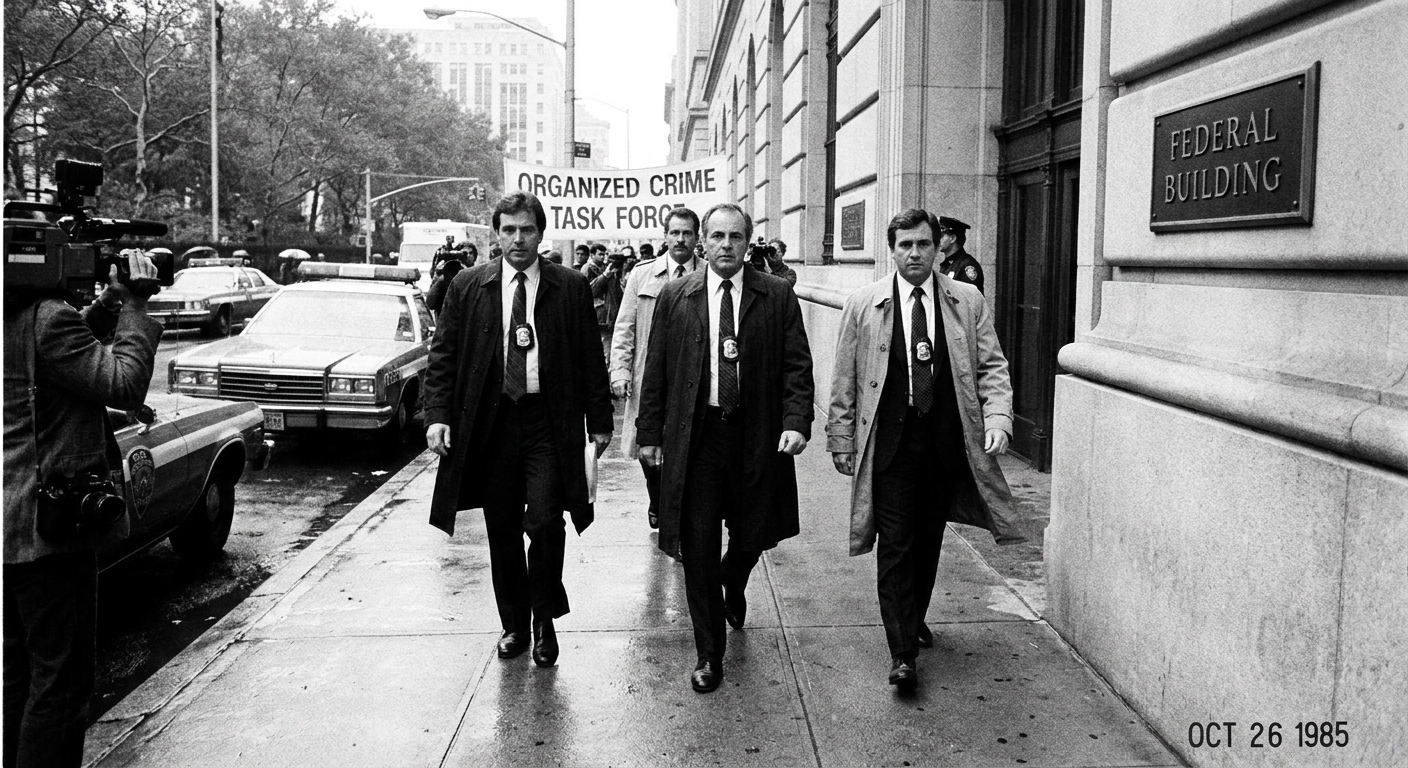 FBI agents in suits walking together outside a federal building in New York City during an organized crime investigation in the 1980s, news photography style