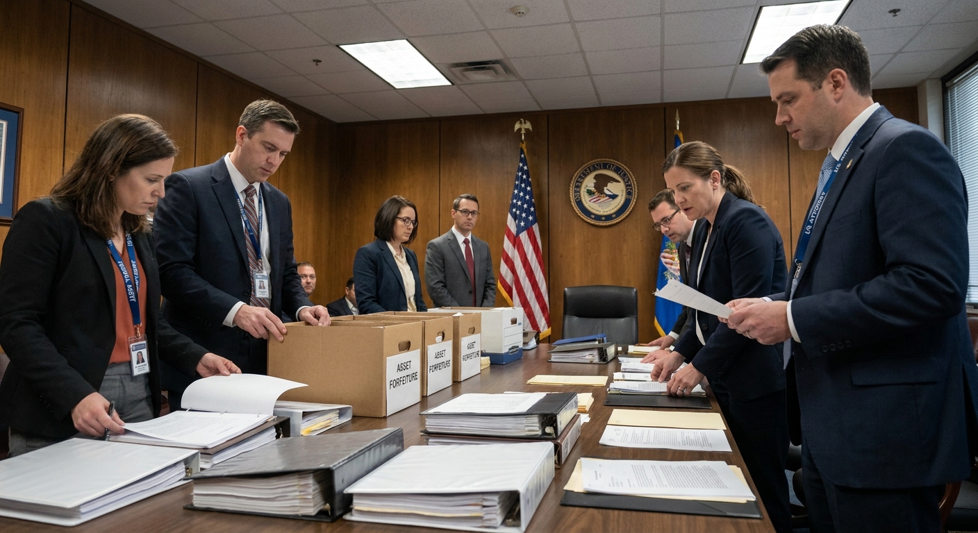 Federal agents and attorneys reviewing thick asset seizure documents on a conference table inside a government office, news photography style