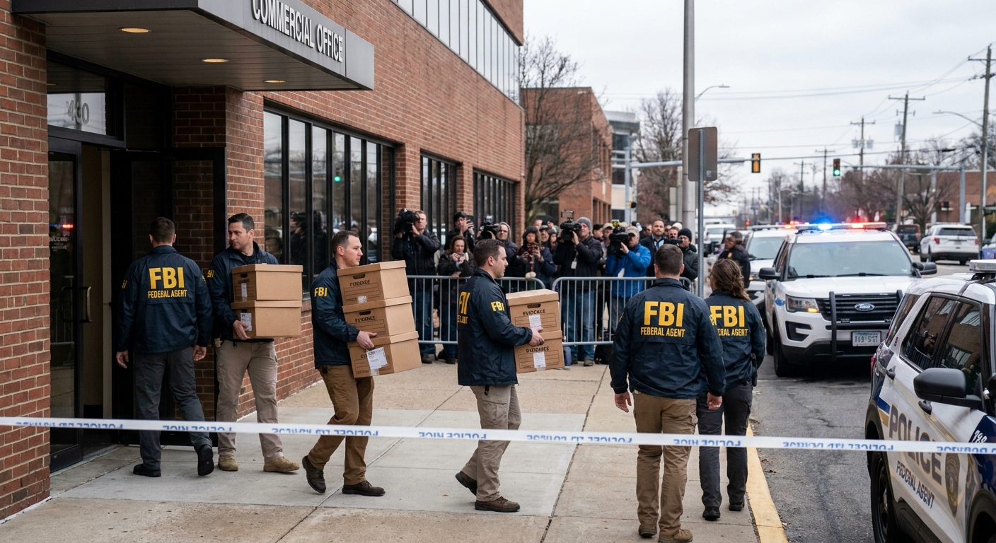 Federal agents carrying sealed boxes of seized documents out of a commercial office building during an investigation, news photography style