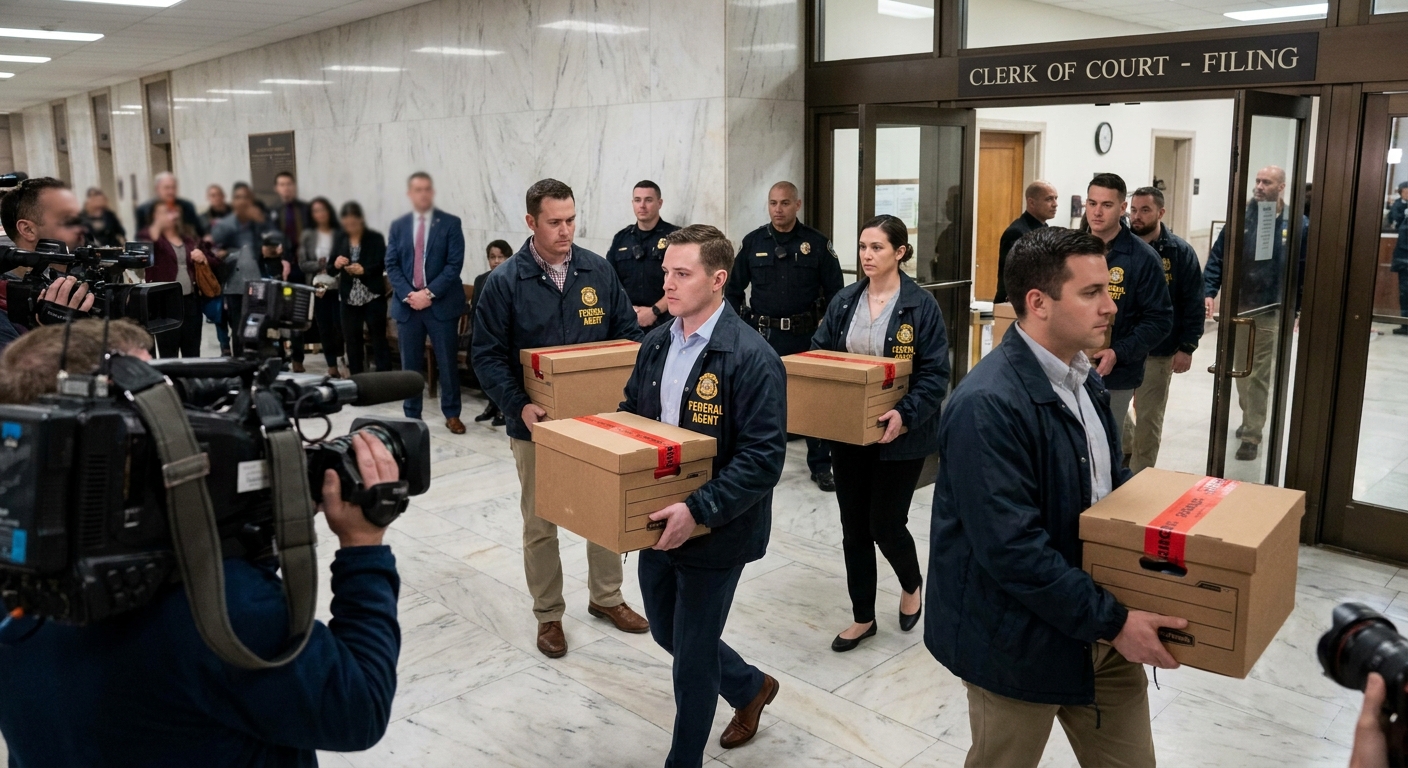 Federal agents carrying sealed evidence boxes down a courthouse hallway after filing, news photography style