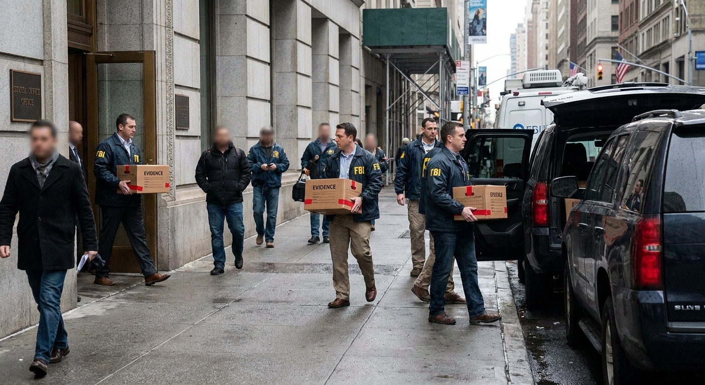 Federal agents carrying sealed evidence boxes from an office building into unmarked vehicles on a city street, candid news photography style
