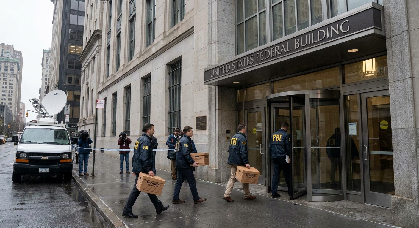 Federal agents carrying sealed evidence boxes into a downtown federal building entrance in Manhattan, news photography style