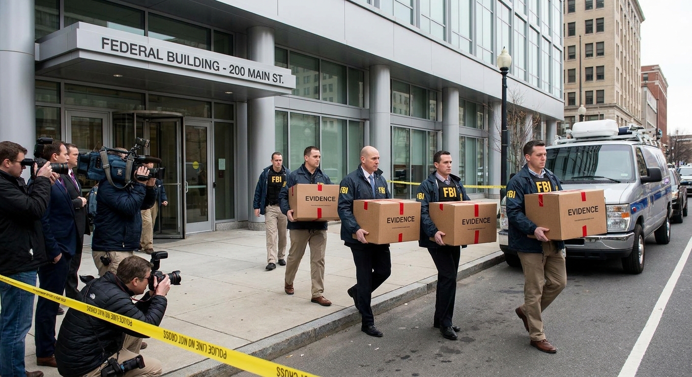 Federal agents carrying sealed evidence boxes out of an office building during an investigation, news photography style