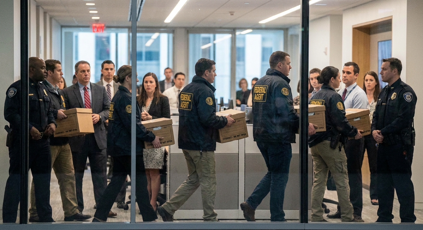 Federal agents carrying sealed evidence boxes through the lobby of an office building, candid news photography style