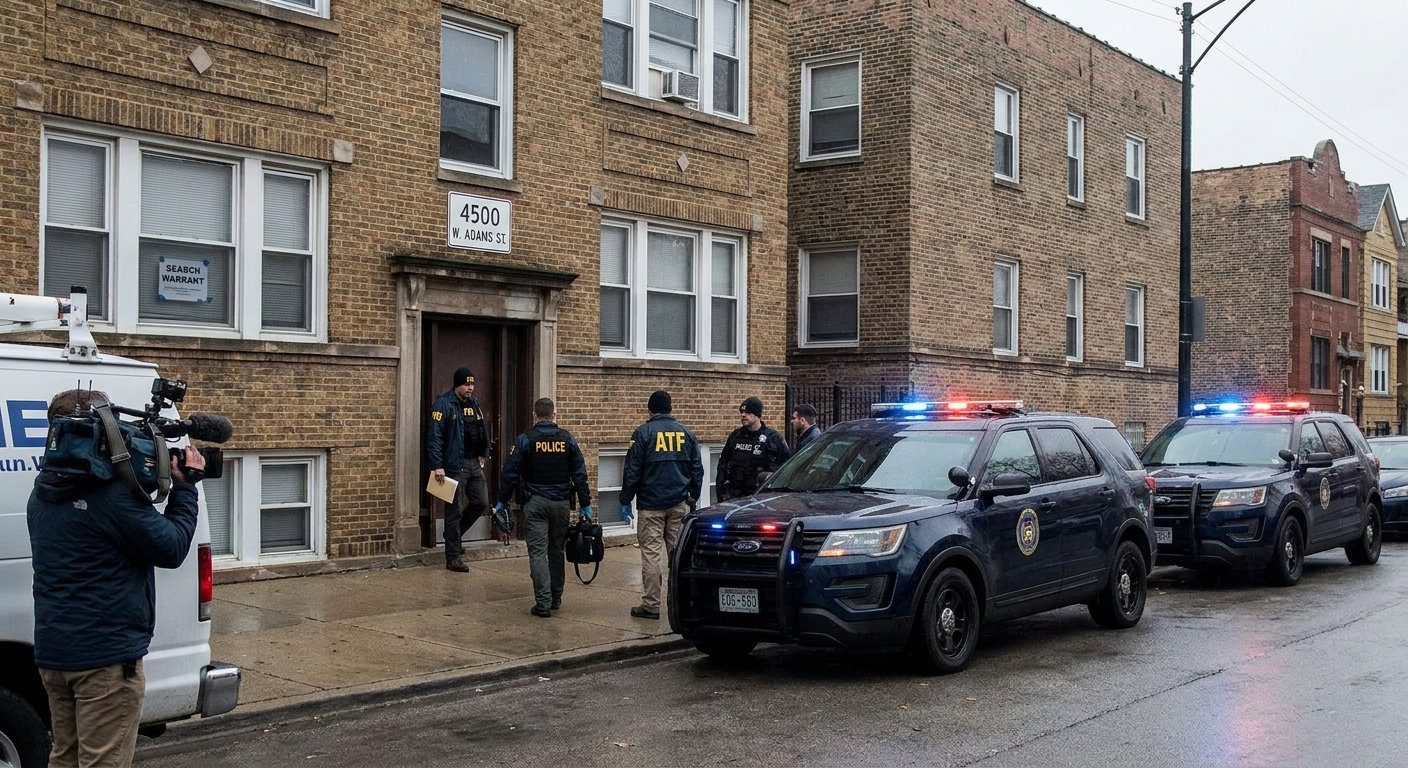 Federal agents in jackets executing a search warrant outside a brick building in Chicago, with marked vehicles parked nearby, news photography style