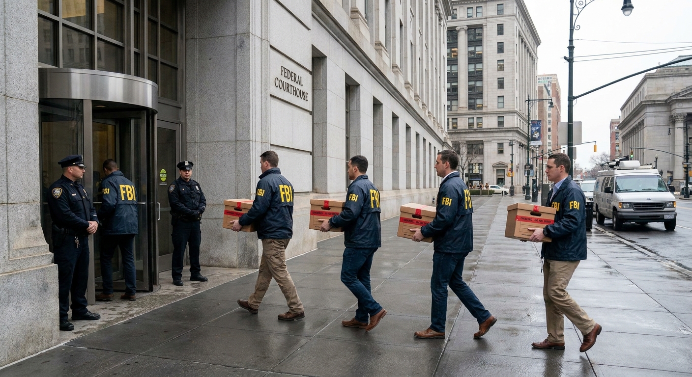 Federal investigators carrying sealed evidence boxes into a courthouse entrance with security officers nearby, news photography style