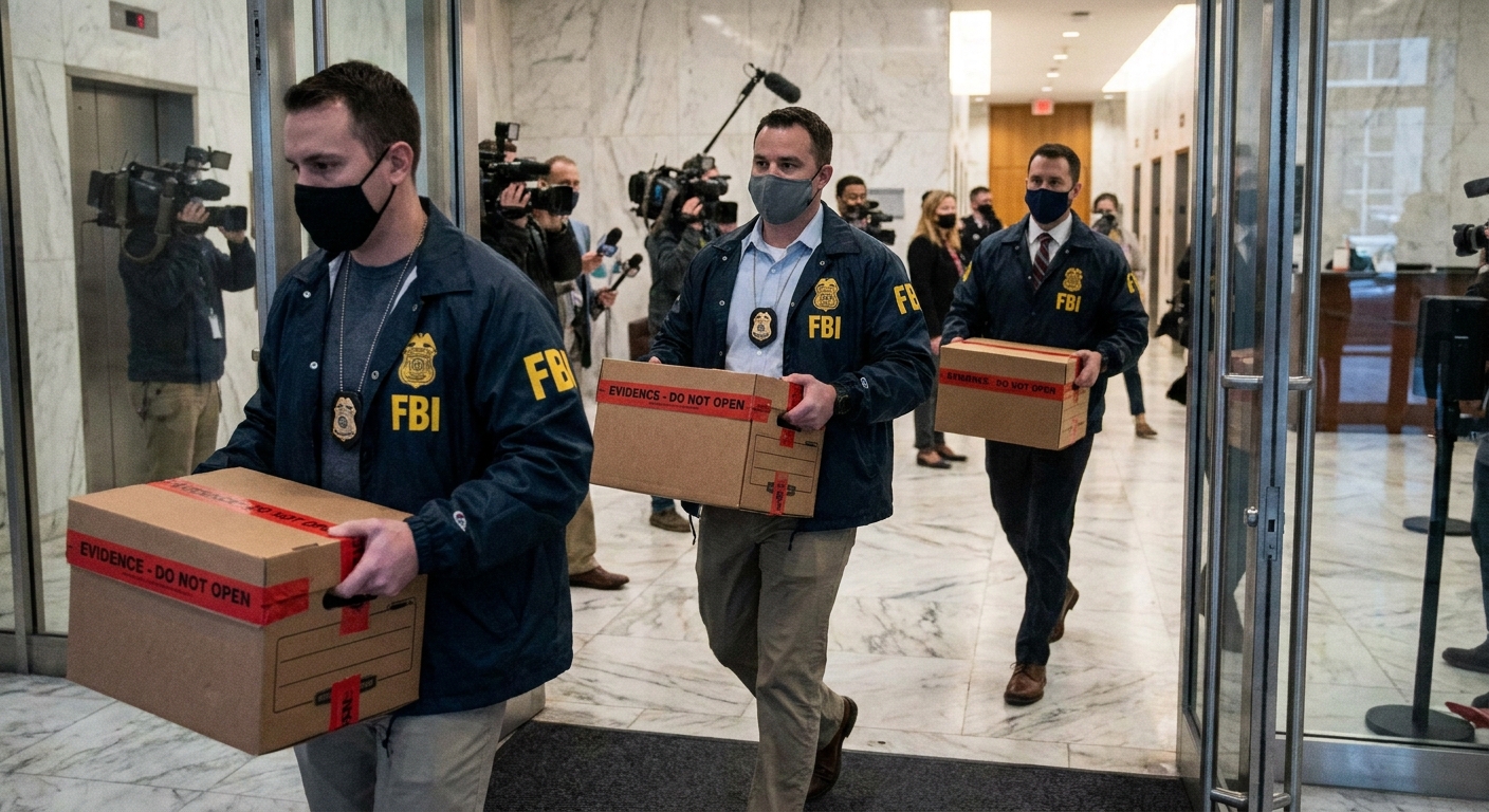 Federal investigators carrying sealed evidence boxes into an office building lobby, news photography style