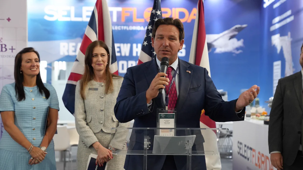 Florida Governor Ron DeSantis speaking at a press conference during the 2026 election season