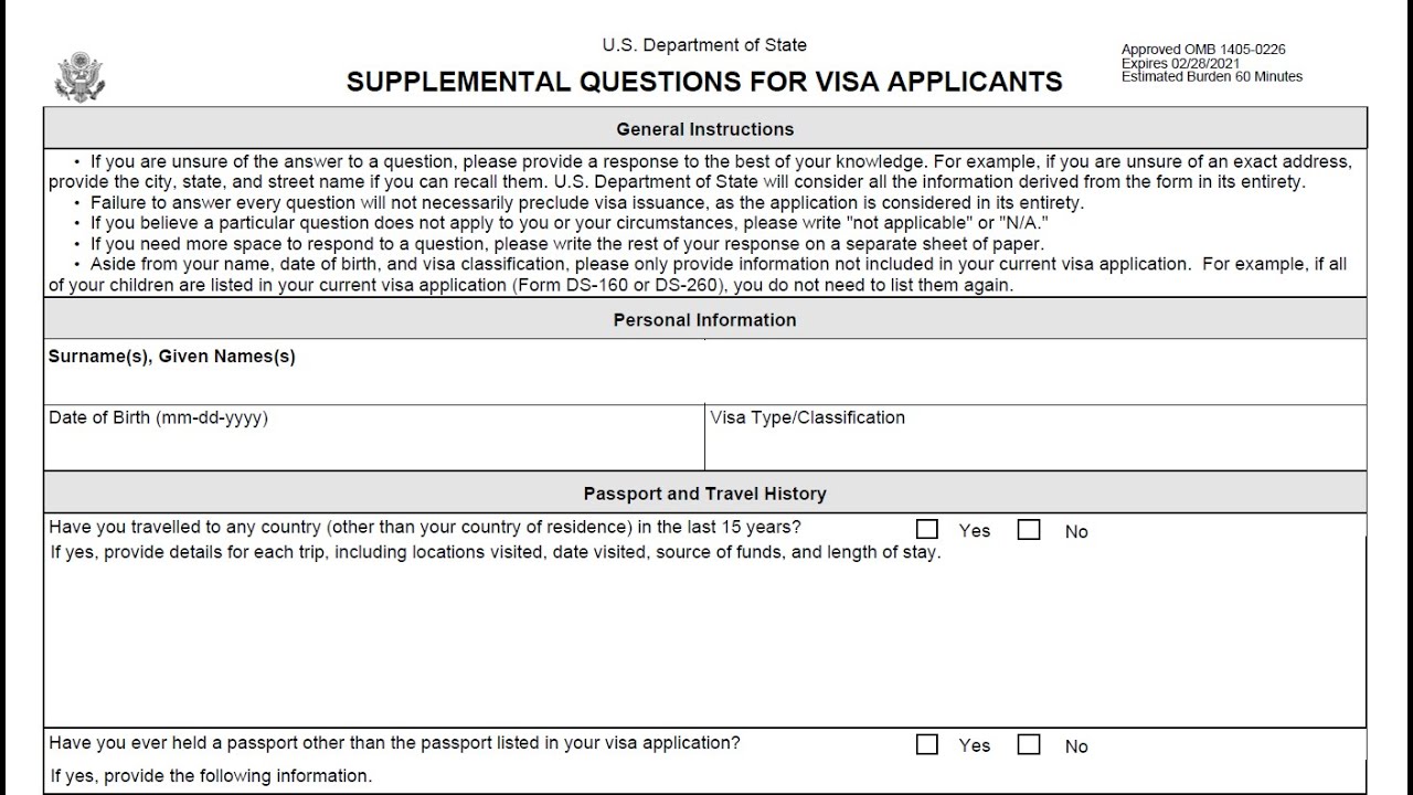 Form DS-5535, the State Department supplemental questionnaire used in certain visa security vetting cases.