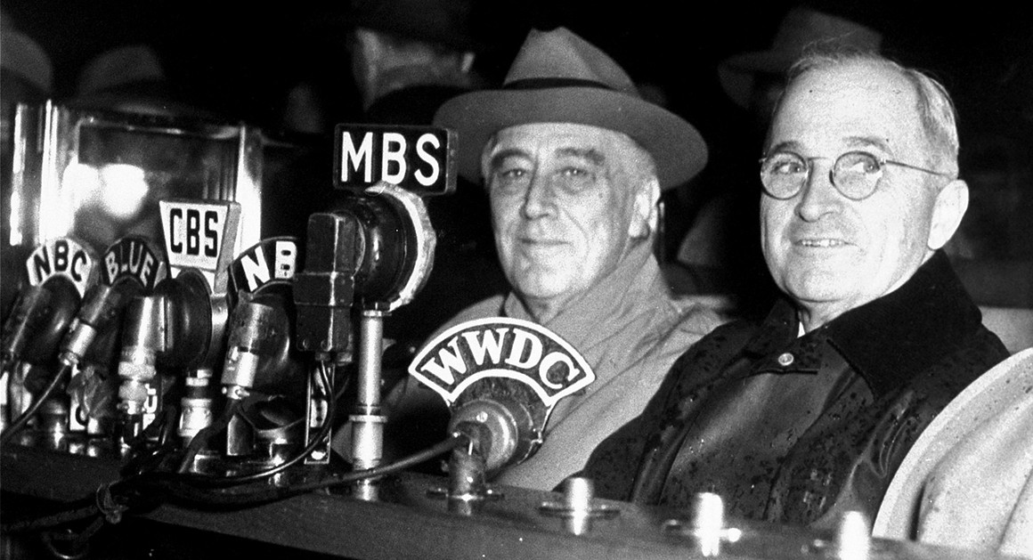 Franklin D. Roosevelt during the 1944 presidential campaign, shown in a public setting addressing Americans