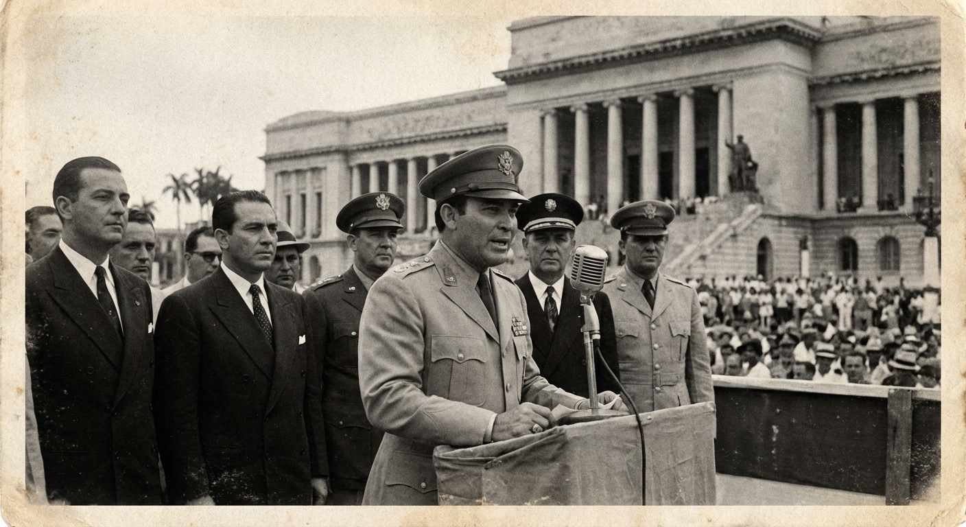 Fulgencio Batista standing at a public event in Havana in the early 1950s with officials nearby, archival photo style