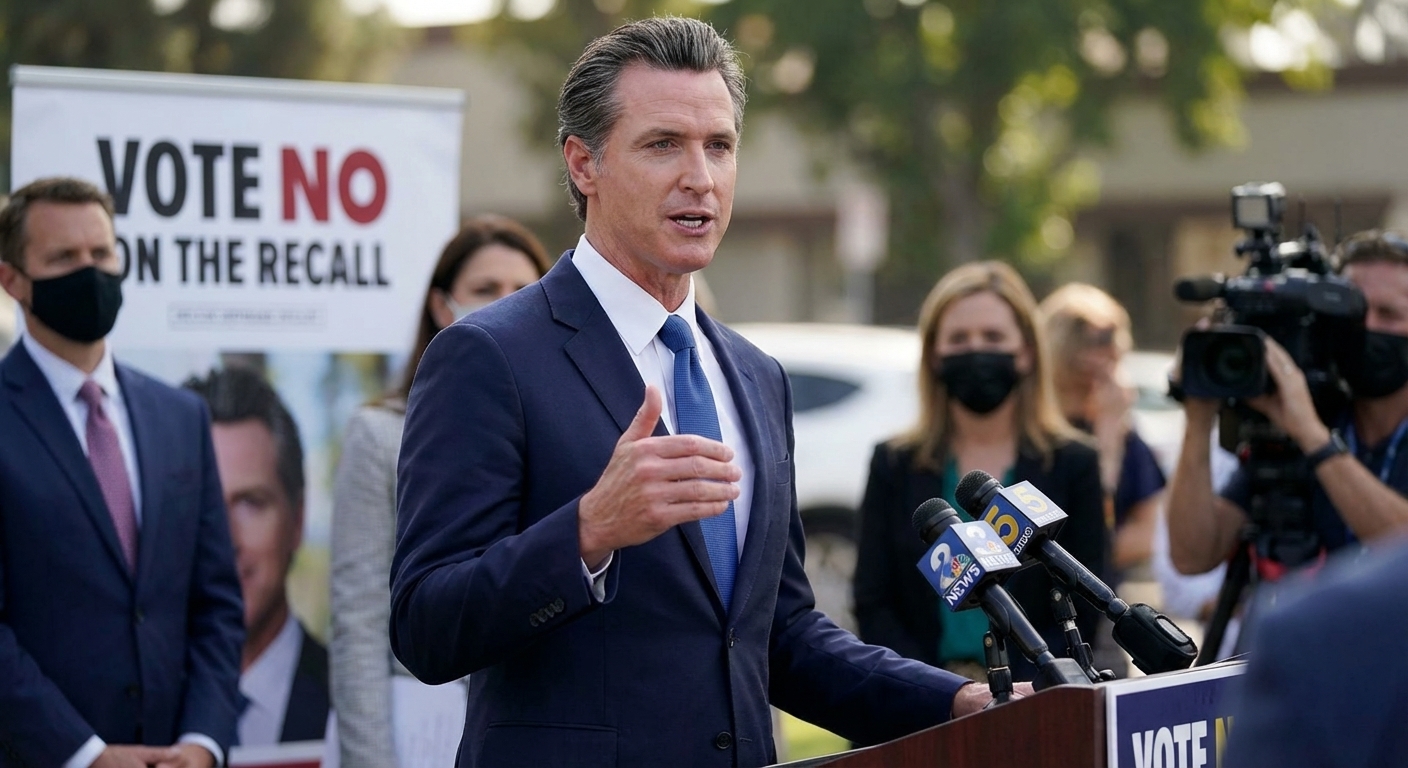 Gavin Newsom speaking at a press conference during the September 2021 California gubernatorial recall election period, news photograph style