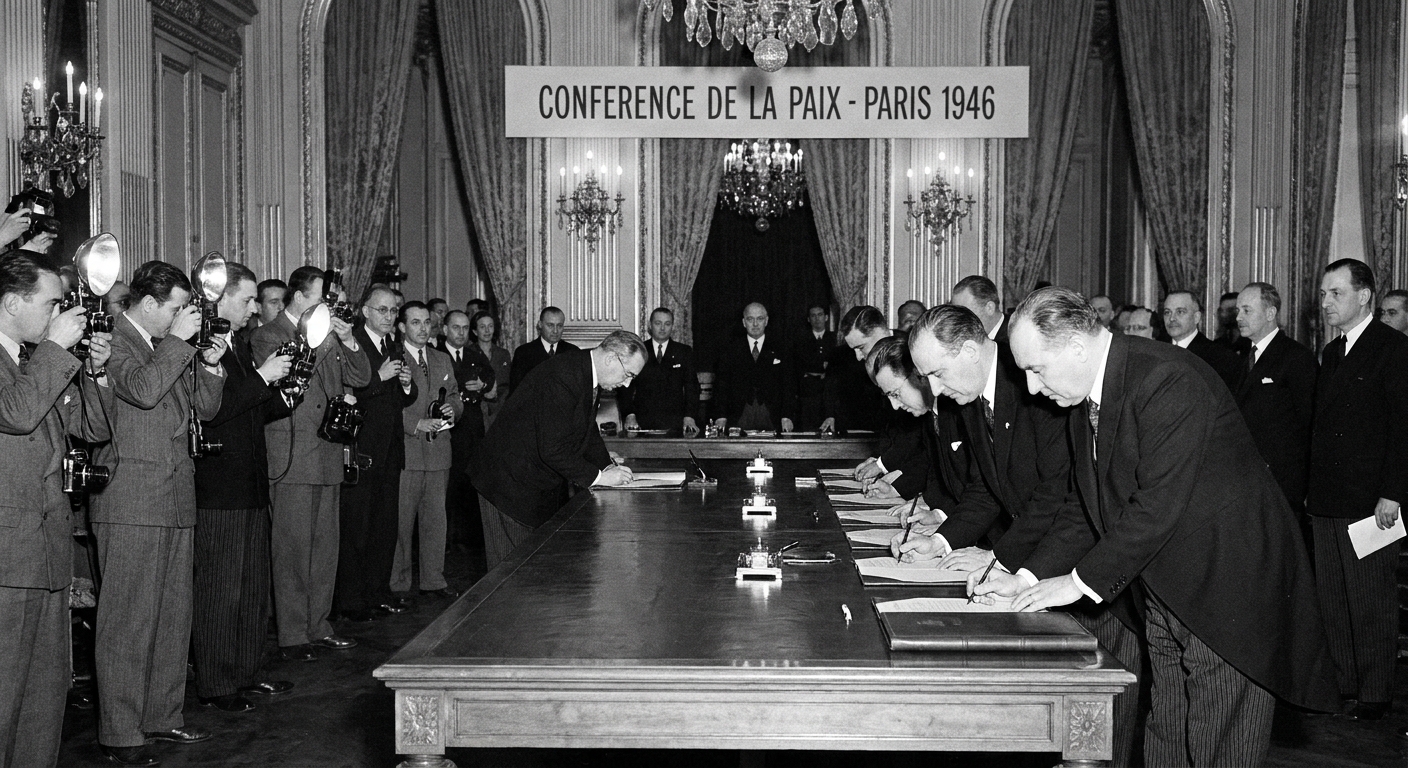 Government ministers seated at a long table signing an international treaty document at a formal diplomatic conference, mid-20th-century news photography style