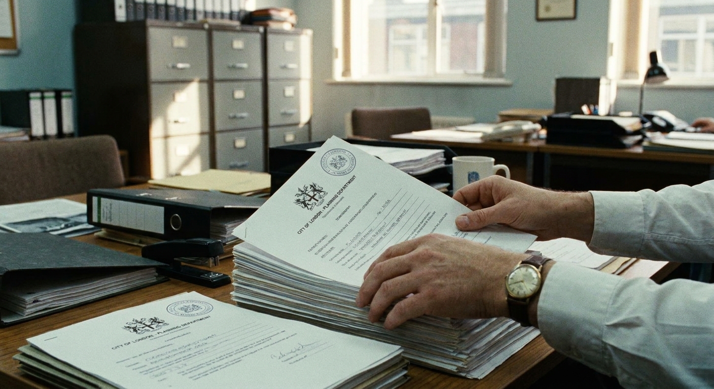 Hands organizing a stack of official-looking paperwork on a desk in an office