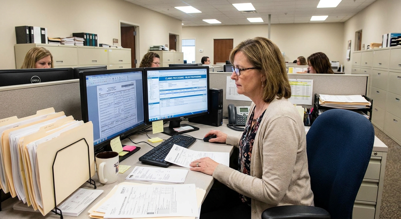 Healthcare billing office with a staff member reviewing claims at a computer