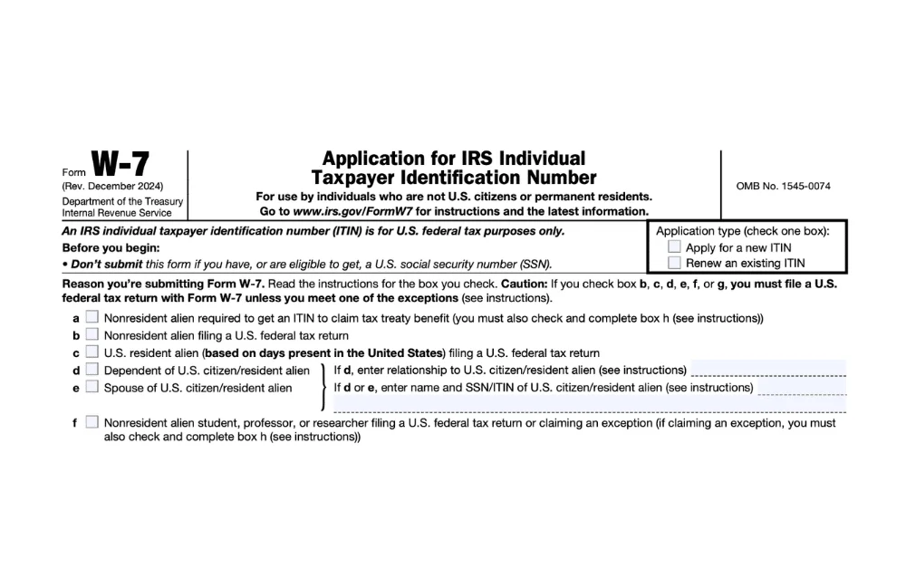 IRS Form W-7, the application used to request an Individual Taxpayer Identification Number (ITIN).