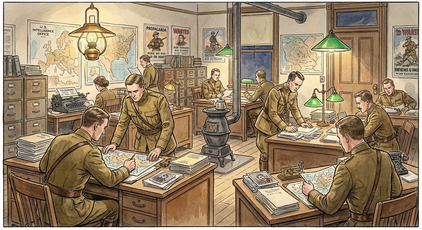 Illustration of a World War I era U.S. military intelligence office with officers reviewing documents at wooden desks under dim indoor lighting