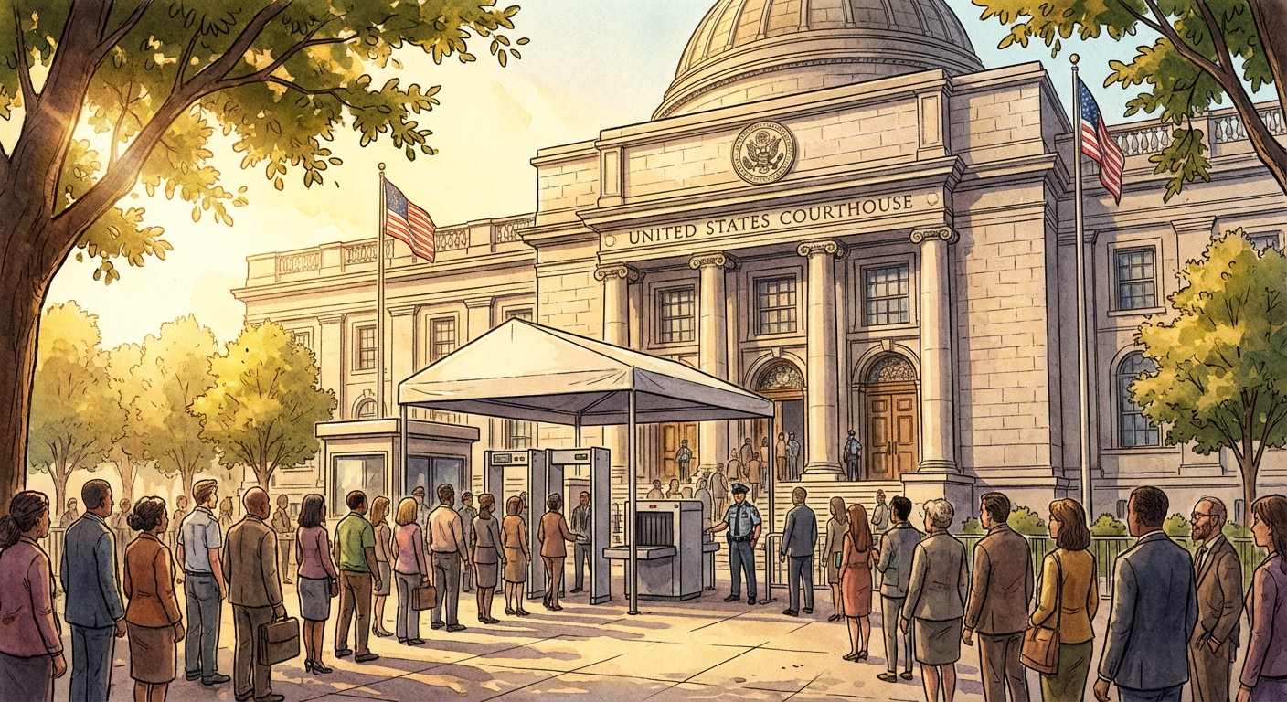 Illustration of a federal courthouse exterior in the morning with a visible security checkpoint area and people entering the building