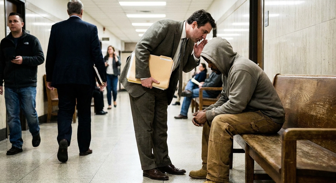 In a courthouse hallway, a public defender speaks quietly with a client seated on a bench, with case files in hand, candid news photography style