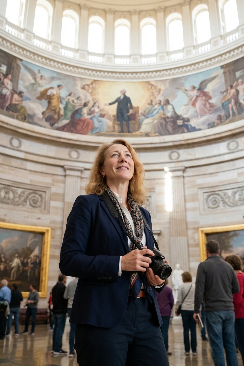 Inside the United States Capitol rotunda with visitors walking beneath the painted dome, photographed in natural indoor light